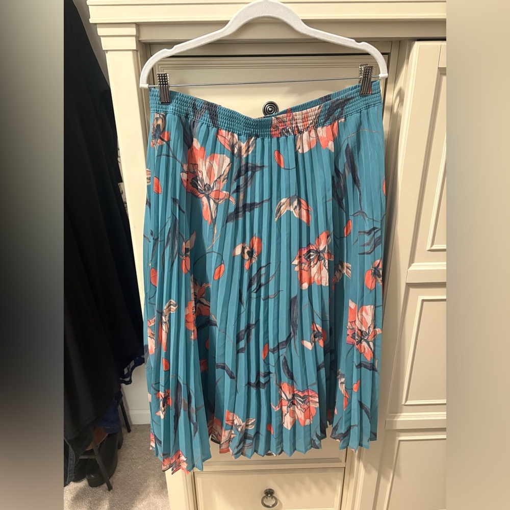 a new day Teal Pleated Midi Skirt with Coral Floral